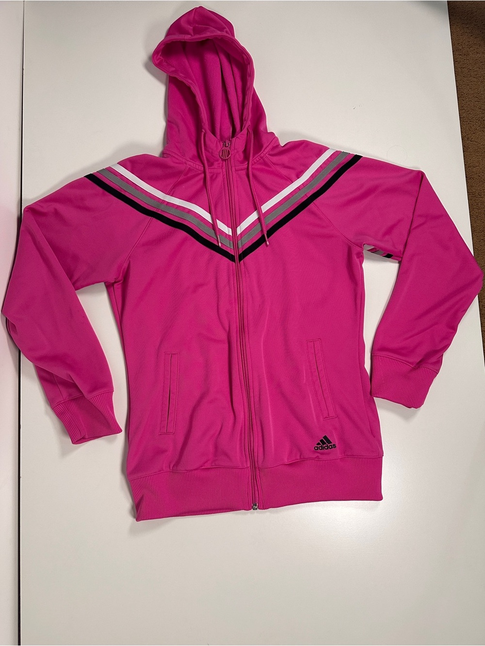 adidas Girls' Bright Pink Hooded Track Jacket with Chevron Stripes